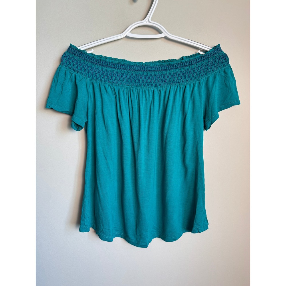 Old Navy Short Sleeve Swing Top XS Boho Peasant Summer Turquoise Off Shoulder
